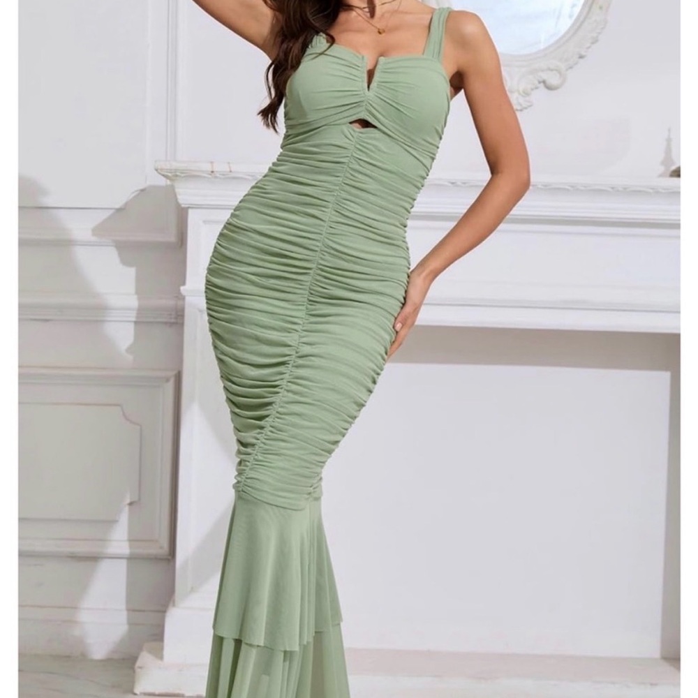 NWT Elegant Sage Ruched Mermaid Dress - Women Dresses